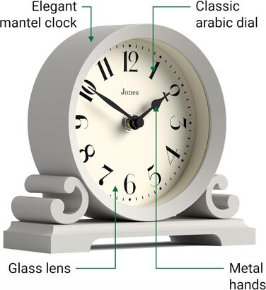 JONES CLOCKS® Saloon Table Clock | Traditional Double Scroll Design | Green | Contemporary Classic Style for Desk, Table, Shelf or Nightstand (Gray)