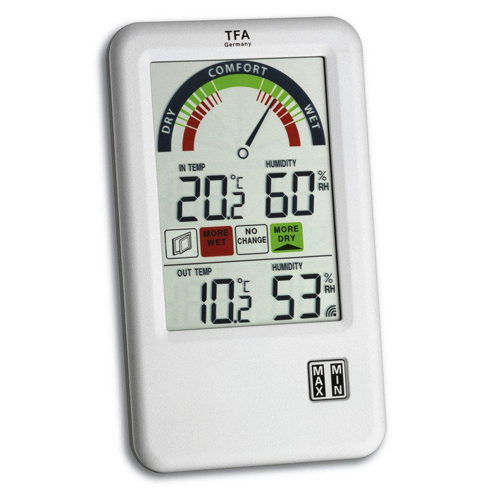 TFA Dostmann Bel-Air Thermo-Hygrometer with Ventilation Recommendation and Comfort Zone Display, for Room Climate Control, L 95 x W 20 (65) x H 158 mm