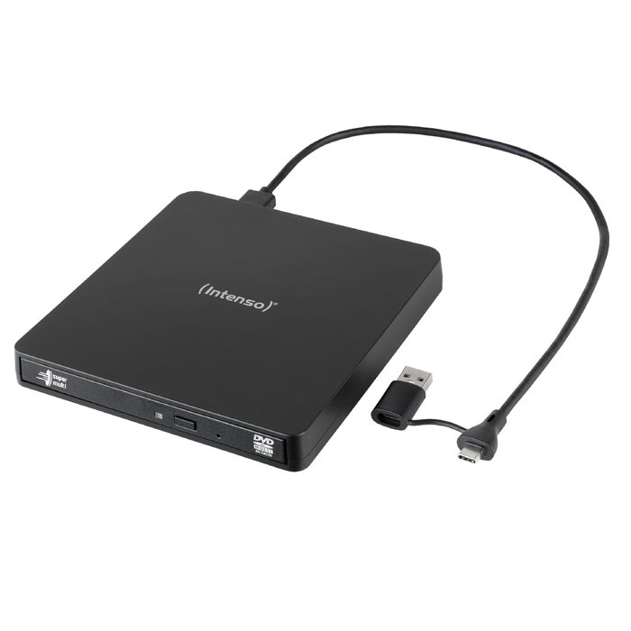 Зовнішній CD/DVD привід-записувач Intenso EOD 400D Slim, USB 3.2 (USB-C та USB-A), для ноутбуків та ПК, Windows та MacOS, чорний
