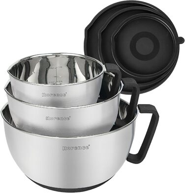 Rorence Stainless Steel Mixing Bowls with Pour Spout, Handle, and Lid, Set of 3, Black