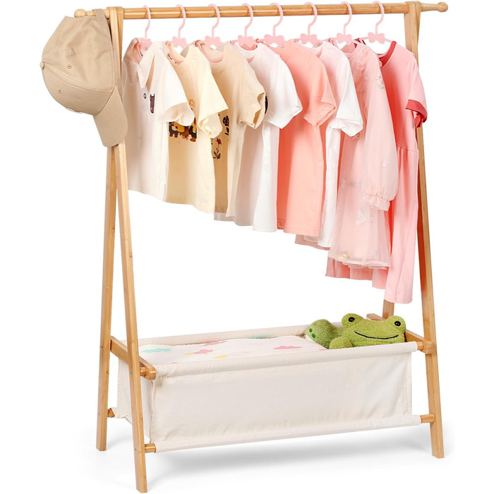 Relquorax Bamboo Children's Clothes Rack with Storage Bag and Clothes Rail, Dress-Up Stand, Small Wardrobe Rack, for Costumes in Children's Rooms (Natural Color)