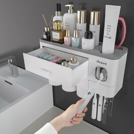 I have a bathroom toothbrush holder, 3-cup toothbrush holder with toothpaste dispenser, bathroom accessories with large storage space, cosmetic drawer, white