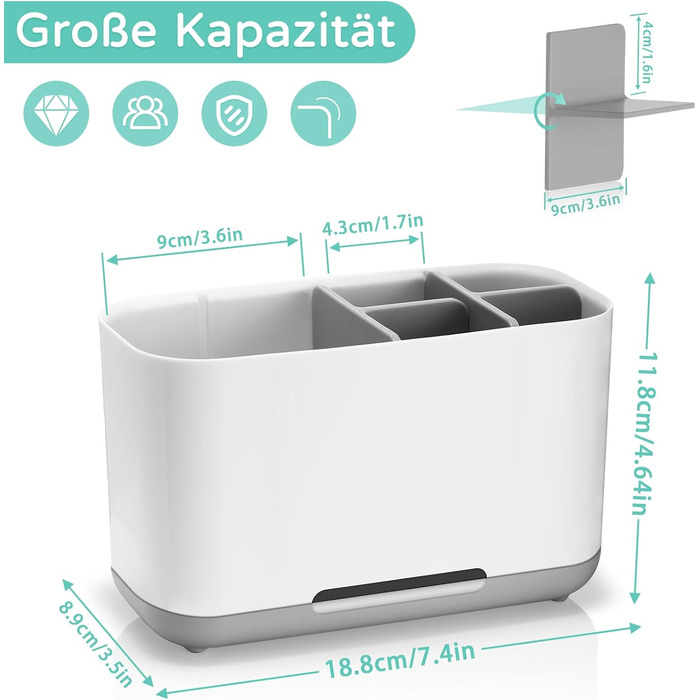 Тримач для зубних щіток, органайзер для електричної зубної щітки, регульований підставка з пластику з неслизьким дном, 4 відділення для зубних щіток + 2 відсіки для зберігання