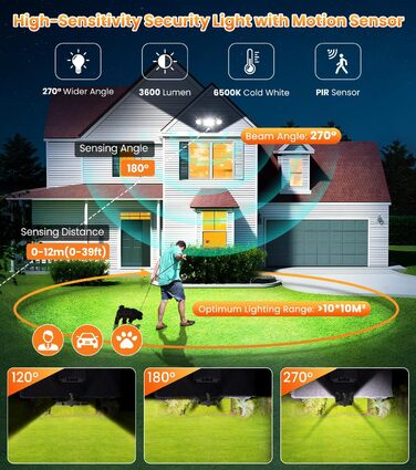 MEIKEE 42W LED Flood Light with Motion Sensor Outdoor 3600LM Outdoor Floodlight IP66 Waterproof LED Floodlight 6500K Three-Head 180° Adjustable Spotlight for Garage Garden Terrace Yard