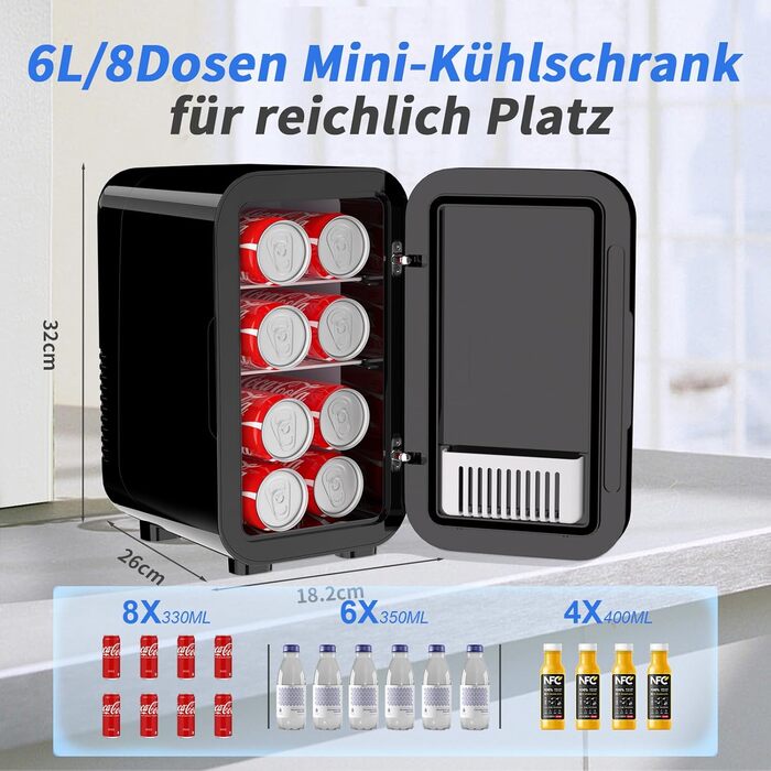 YASHE Mini Fridge - 6 Liter / 8 Can Portable Cooler - 220-240V AC/DC - Black - For Bedroom, Skincare, Drinks, Office, Dorm & Car