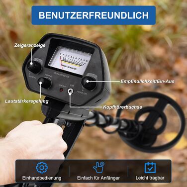 Металодетектор професійний для дорослих, початківців та дітей – легкий, високоточний, водонепроникний, з регульованою довжиною (78–107 см), чорний