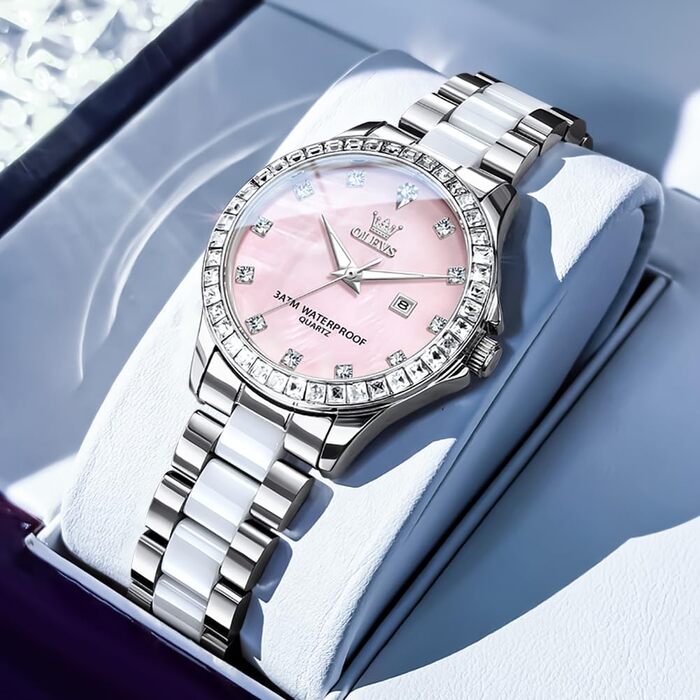 Годинник жіночий OLEVS з діамантами, елегантний, розкішний, на зап'ястя, з рожевого золота, з керамічним склом (3651 Blau Pulver)