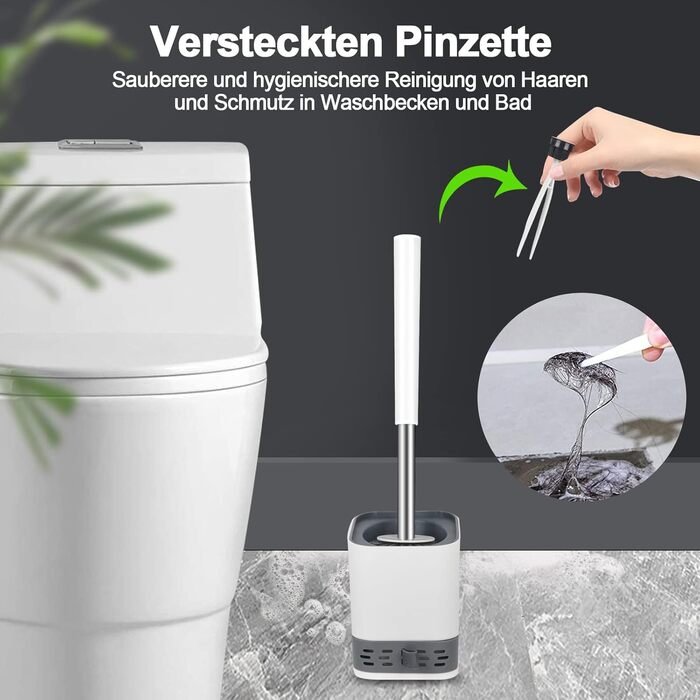 Силіконова щітка для унітазу Glowbal з контейнером, швидковисихаюча, для ванної кімнати, монтаж на стіну та стоячи, білий/сірий колір