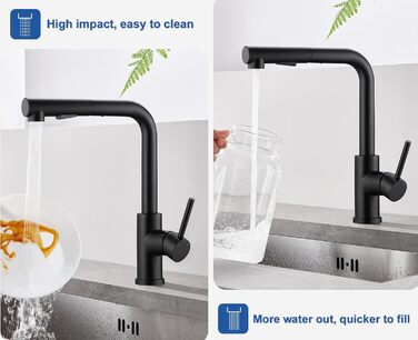 Висувна кухонна змішувач з душем, 360° поворот, кухонна арматура з двома режимами струменя, з нержавіючої сталі, чорний, з висувною насадкою