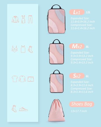 Органайзери для валізи BAGSMART компресійні (6 шт.) - рожеві. Набір кубиків для пакування, органайзер для подорожей в ручній поклажі