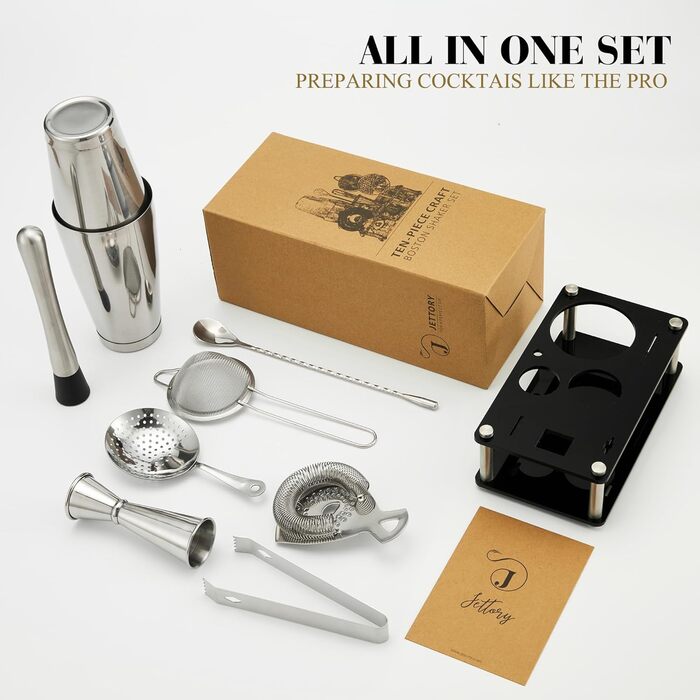 Boston Shaker Set – 10-Piece Stainless Steel Cocktail Shaker Set with Acrylic Base, Hawthorne Strainer, Ice Tongs, Bar Spoon, Jigger, Muddler – Perfect for the Home Bar (Silver)