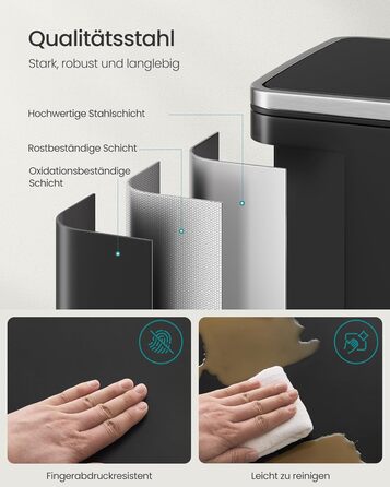 Відро для сміття SONGMICS 50 л, нержавіюча сталь, знімний внутрішній відро, Softclose, LTB595E01 (чорний)