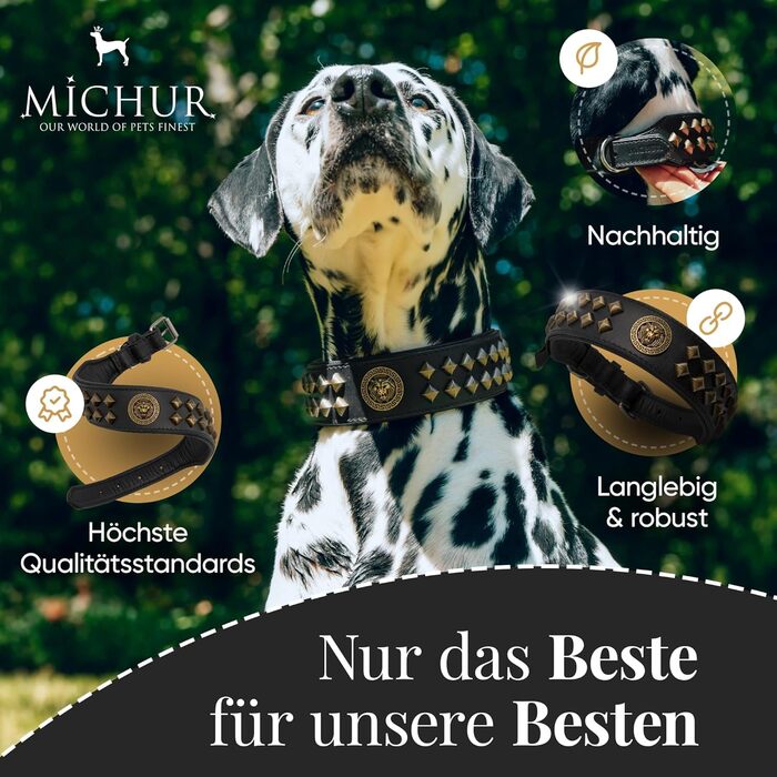 Нашийник для собак MICHUR Diego з натуральної шкіри, з декоративним левовим головою та заклепками, розмір 61-68,5 см