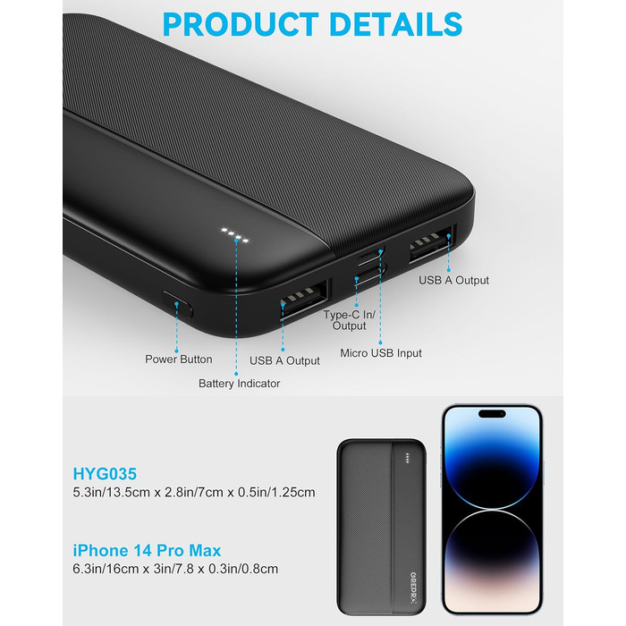 Power Bank GREPRO 10000mAh: компактний зарядний пристрій з USB-C та 2 USB виходами, чорний