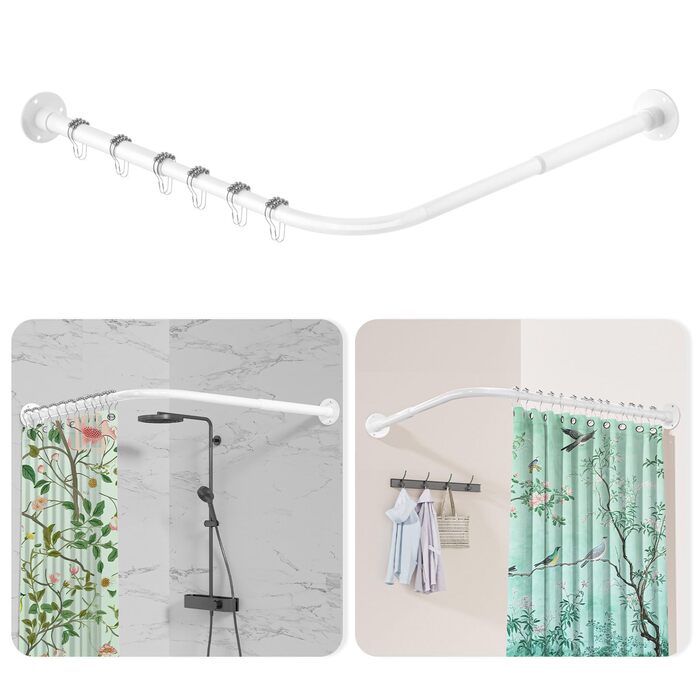 Регульована штанга для душу L-подібної форми, 60-134 см, з кріпленням для завіси та підставкою для стелі, для ванни/ванної кімнати, білий, монтаж вимагає свердління