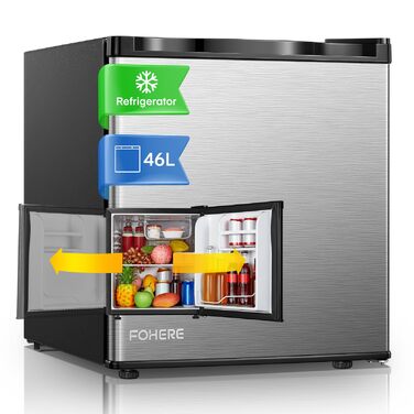 Міні холодильник 46 л з відділенням для льоду, тиха робота 42 дБ, регулювання температури, для кухні, офісу, спальні, готелів та маленьких квартир (колір нержавіюї сталі)