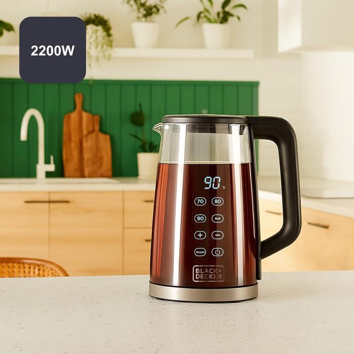 Електричний чайник BLACK+DECKER BXKE2202E 2200W 1.2L з поворотним підставою 360°C, для лівшів, з ергономічною ручкою, автовимкненням, індикатором рівня води та кнопкою відкриття