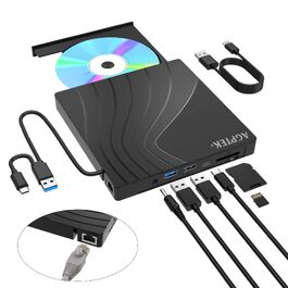 Зовнішній DVD-накопичувач AGPTEK USB 3.0 Slim CD/DVD-брунер з картридером TF/SD для ноутбука, MacBook, Windows, Linux, Mac OS