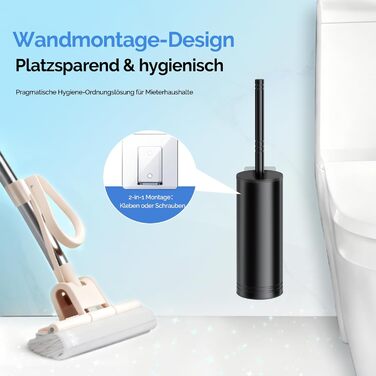 Набір для чищення унітазу HAMITOR з нержавіючої сталі: щітка для унітазу з кріпленням на стіну без свердління, для глибокого очищення під краєм, з швидковисихаючим підставкою, довга ручка, чорний, 1 шт.