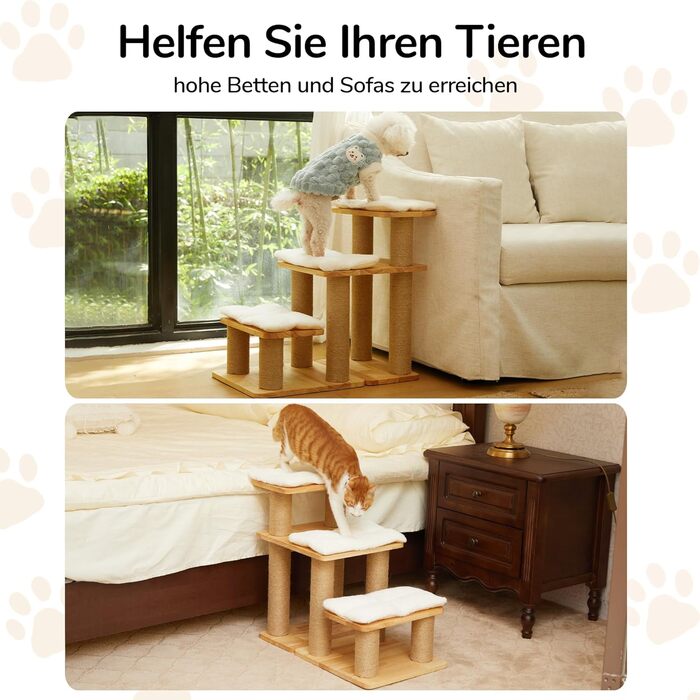 Сходинки для собак FUKUMARU, 3 сходинки, для домашніх тварин, з натурального гумового дерева та джуту, регульована висота 18-51 см, витримує до 90 кг, знімний м'який килимок, 6 варіантів комбінації, білий килимок