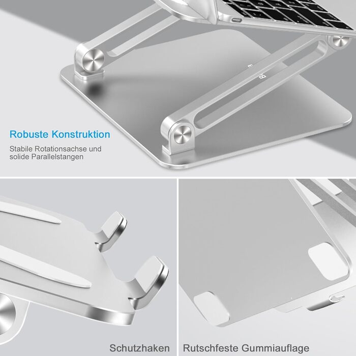 Adjustable Aluminum Laptop Stand - Ventilated Laptop Holder for 10-17 Inch Laptops, MacBooks, Dell, HP, Samsung, Acer - Silver