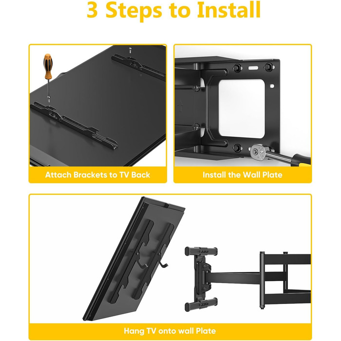 Настінне кріплення для телевізора HY-Bracket поворотне, для LED, OLED, 4K, 37-80 дюймів, чорне, з подовженим кронштейном (для дерев'яних стін)