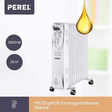 Масляний радіатор Perel 2500W з 11 ребрами, 3 режими, термостат, колеса, захист від перегріву та перекидання, тихий та енергоефективний для великих приміщень до 30 м²
