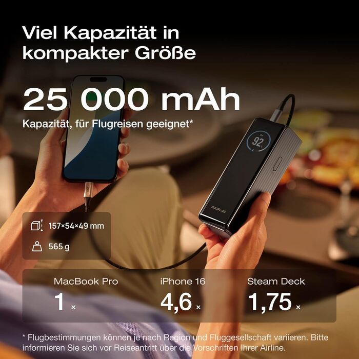 EcoFlow Power Bank 25000mAh 170W: Портативний зарядний пристрій для ноутбуків, iPhone, MacBook, Samsung, iPad, Steamdeck, Switch (Срібний)