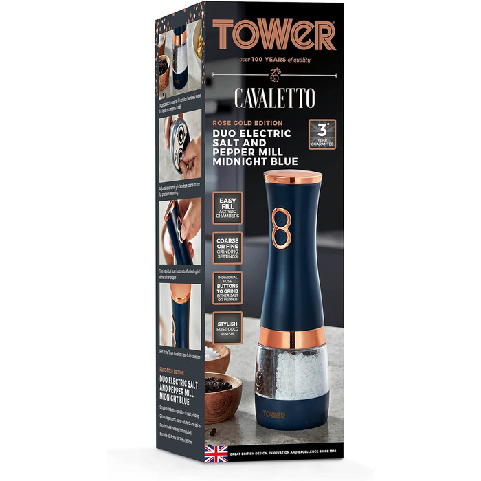 Електричні мельниці для солі та перцю Tower, працюють від батарейок, з регульованими керамічними жорнами, рожеві та рожево-золоті, T847004PNK (Темно-синій)