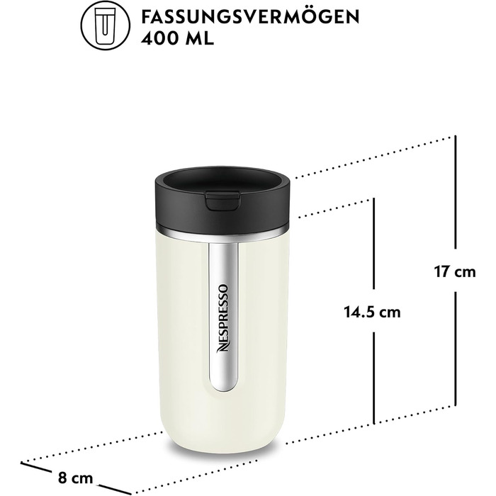 Термокружка Nespresso Travel Mug Small Sage Green 300 мл | Зручна термокружка для кави, чаю, матча | З щільною кришкою, можна мити в посудомийній машині | Сталевий термос-чашка з невеликим об'ємом | Колір: Salbeigrün (Vanilla Ice)