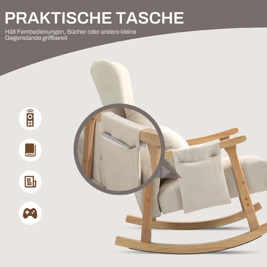 HOMCOM Rocking Chair, Padded Rocking Chair with Lumbar Pillow, Side Pocket, Recliner, Wooden Frame, Linen-Look for Living Room, Bedroom, Beige