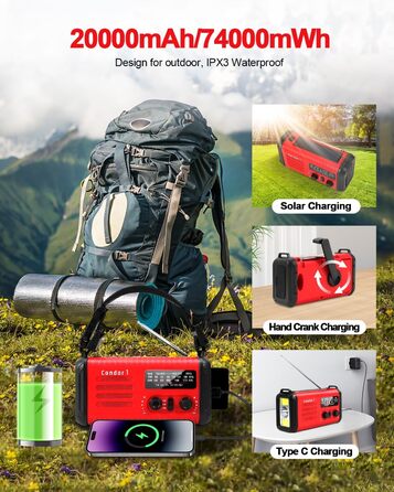 Радіо Kurbelradio на сонячній енергії 20000mAh з AM/FM, SOS-сигналом, LED-ліхтариком та USB-зарядкою, червоне