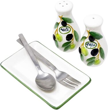 Handmade salt and pepper shaker set from Italian ceramic, 3-piece in olive green design with tray, size 14x8 cm