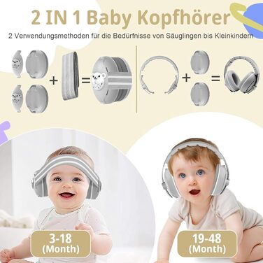 Навушники-захисники для малюків 2-в-1, від 0 до 48 місяців (сірий)