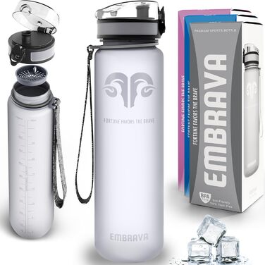 Embrava Best Sport Water Bottle - 1000ml - fast-flowing, flip-top leak-proof lid that opens with a click - non-toxic, BPA-free & eco-friendly Copolyester Tritan plastic