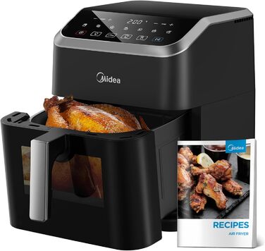 Фритюрниця Midea з гарячим повітрям 7 л, HeatXpress, 90% менше олії, енерго- і заощадження часу, 7 програм, оглядове вікно, антипригарна, чорна