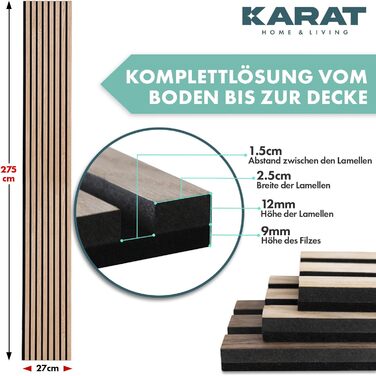Акустичні настінні панелі KARAT з натурального шпона дуба (Red Oak), ламелі з дерева та фетру для шумоізоляції та звукопоглинання, 275 x 27 см