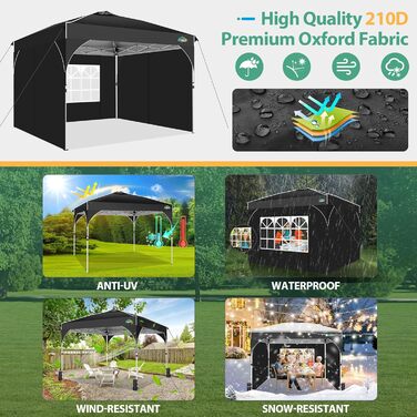 COBIZI Folding Gazebo 3x3, 3x3 Gazebo Waterproof Stable One Push UV Protection Outdoor Party Tent Corrugated Eaves Festival Tent Tent Garden Gazebo Pavilion Folding 3x3m With Carry Bag, (Black, 3x3 with 3 Side Walls)