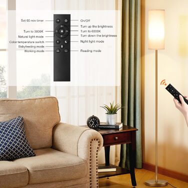 Стельова лампа PreeOtti для вітальні з LED, диммуванням, пультом, 4 колірними температурами, сірий абажур, для вітальні, спальні, офісу