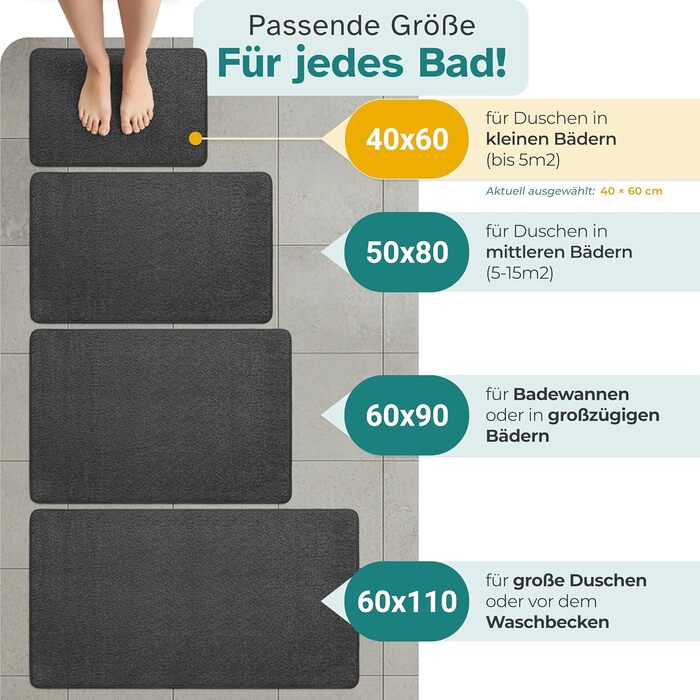 Гігієнічний килимок для ванної кімнати 40x60 см, протиковзкий та вологопоглинаючий підкладник під душ, що швидко сохне, чорний