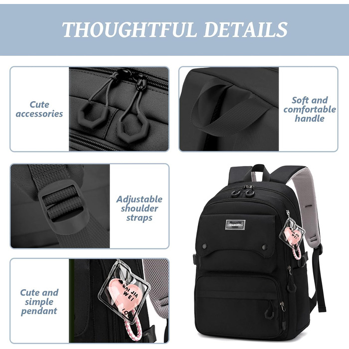Шкільний рюкзак для дівчаток та хлопців підлітки, рюкзак для жінок та чоловіків, рюкзак для ноутбука 15,6 дюймів, повсякденний туристичний рюкзак, водонепроникний рюкзак, рюкзак для коледжу (#5 Чорний-b)