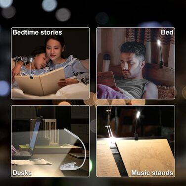USB LED лампа для читання з кліпсою, 3 режими температури кольору, регульована яскравість, гнучка на 360°, для ліжка, столу та подорожей, біла