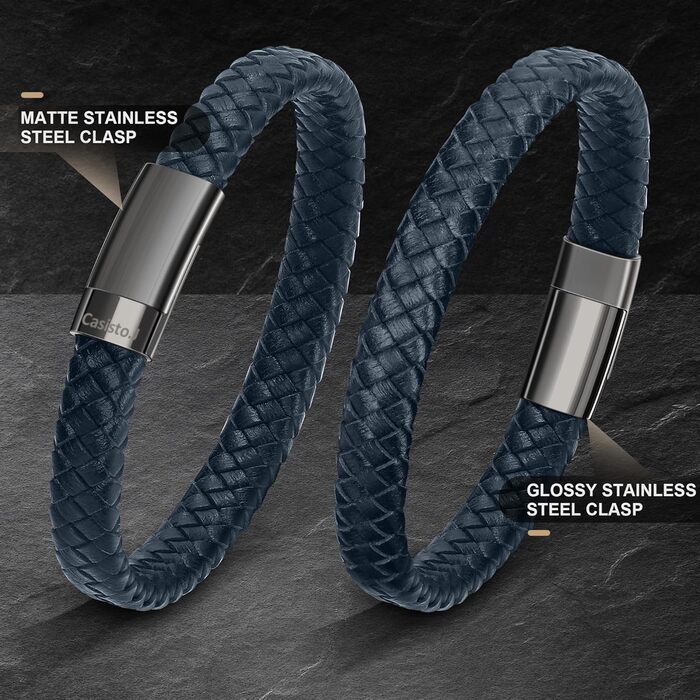 Браслет чоловічий шкіряний плетений Lederarmband з гравіюванням та магнітним застібкою (20 см, синій)