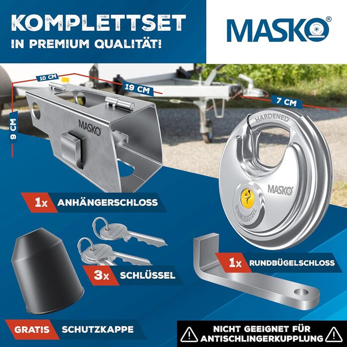 Замок для причепа MASKO® з дужкою, протиугінний замок для причепів та караванів, сріблястий, зі штифтовим механізмом, з ключем і захисною кришкою