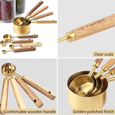 8-Piece Stainless Steel Measuring Cup and Spoon Set with Wooden Handle for Dry and Liquid Ingredients (Gold)
