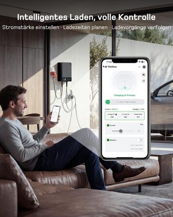 Wallbox 11 кВт з Wi-Fi та кабелем Type 2 7,5м, 3-фазне зарядне для електромобілів (BEV/PHEV), захист RCD Type A 30mA/DC 6mA, IP54, чорний