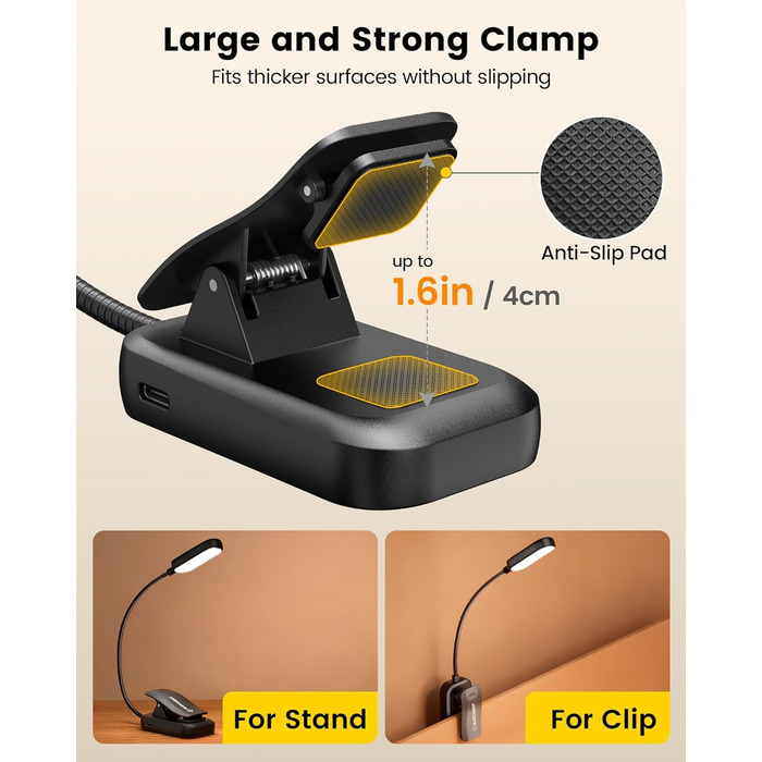 Світлодіодна лампа для читання Glocusent з кріпленням, 20 LED, USB, 5 режимів температури кольору, регулювання яскравості, гнучка на 360°, для читання в ліжку