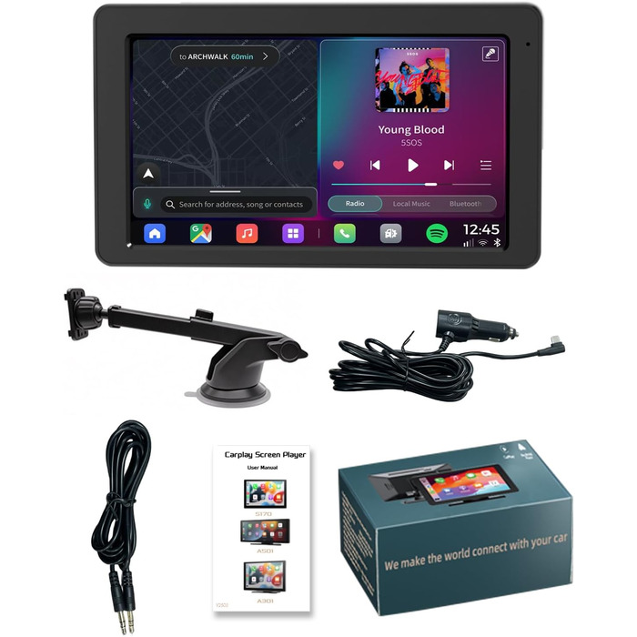 7-дюймовий дисплей CarPlay з GPS, Apple CarPlay, Android Auto, Bluetooth 5.2, FM, дзеркальне відображення, легкий монтаж