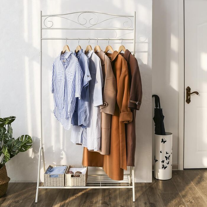 SONGMICS Vintage Style Clothes Rack Coat Stand with Clothes Rail and 2 Shelves Made of Metal 92 x 173 x 41 cm (W x H x D), Cream White, HSR07W (90 x 44.5 x 173 cm)