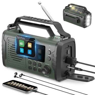 Радіо на механічному заводі DAB+ FM 20000mAh, Аварійне радіо DAB+ з сонячною панеллю та Bluetooth, Радіоліхтарик з зарядкою для телефону та компасом для виживання (Зелений)